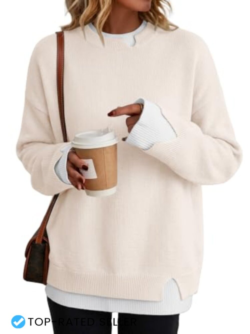 Oversized Patchwork Sweater Slit Cuffs Crew Neck Pullover